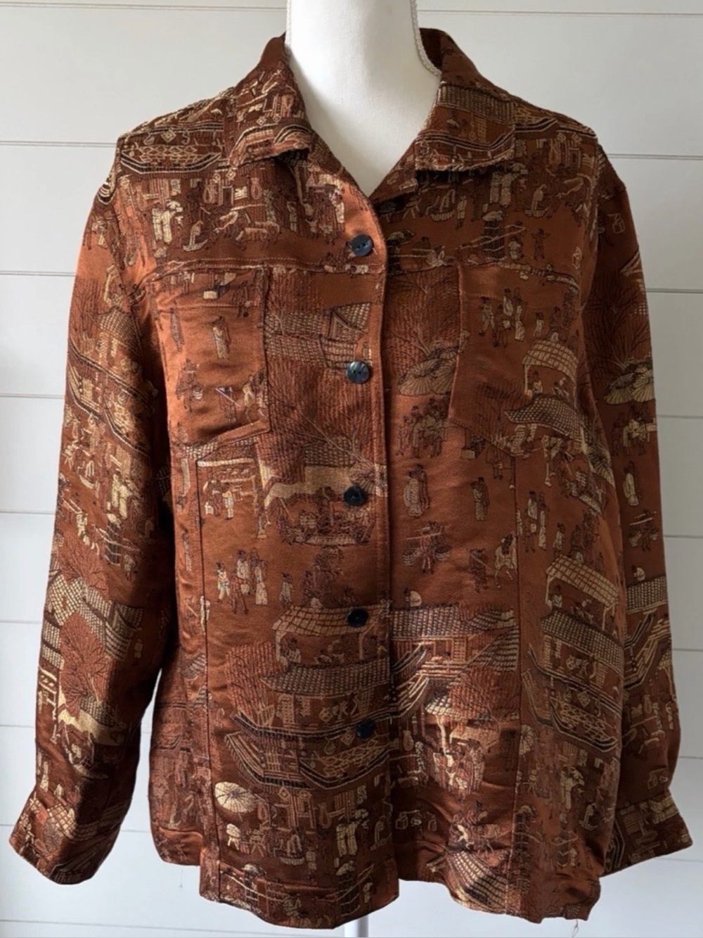 Chico's Silk Blend Asian Pagoda Print Button Up Top Jacket size 3 women's brown
